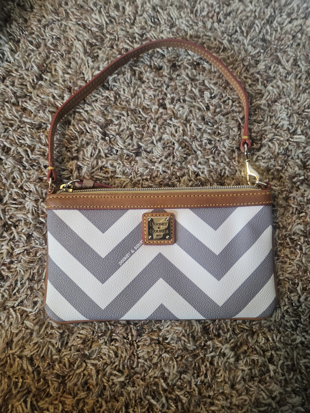 Dooney & Bourke Gray and White Chevron Wristlet with Brown Trim
